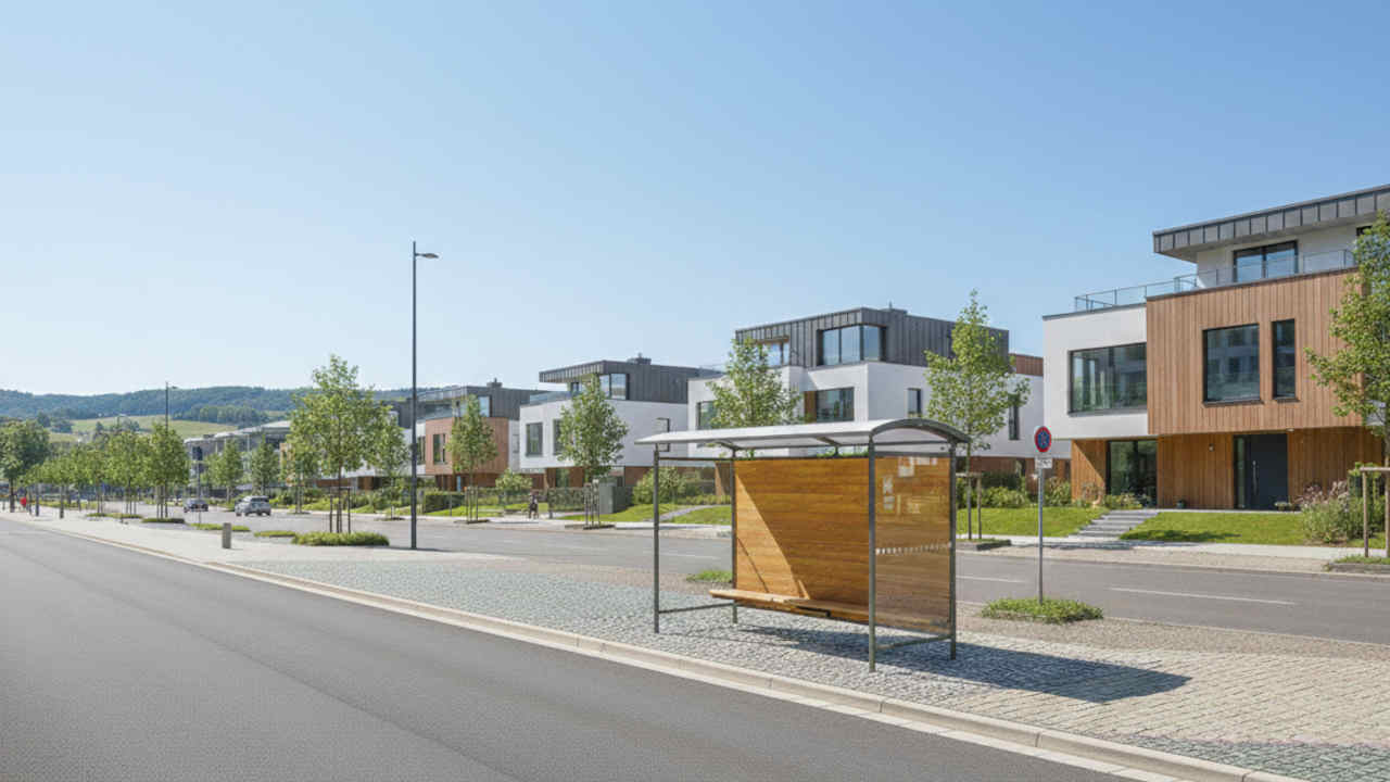 Autobusová zastávka  s oblou střechou zadní stěnou ze dřeva boky ze skla 